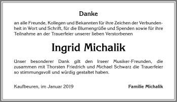 Traueranzeige von Ingrid Michalik von Allgäuer Zeitung, Kaufbeuren/Buchloe