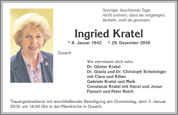 Traueranzeige von Ingried Kratel von Allgäuer Zeitung,Kempten