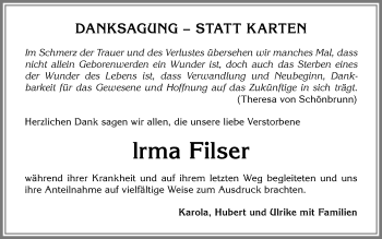 Traueranzeige von Irma Filser von Allgäuer Zeitung,Kempten