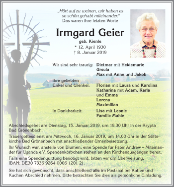 Traueranzeige von Irmgard Geier von Memminger Zeitung