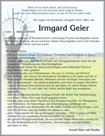 Traueranzeige von Irmgard Geier von Memminger Zeitung