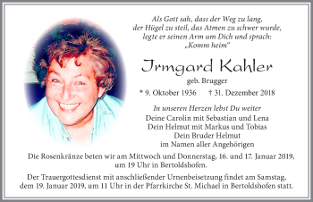 Traueranzeige von Irmgard Kahler von Allgäuer Zeitung, Marktoberdorf