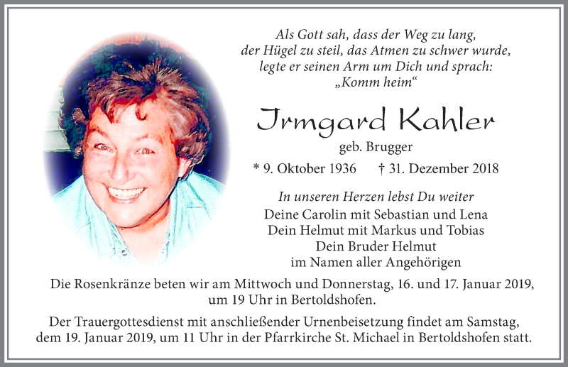  Traueranzeige für Irmgard Kahler vom 14.01.2019 aus Allgäuer Zeitung, Marktoberdorf
