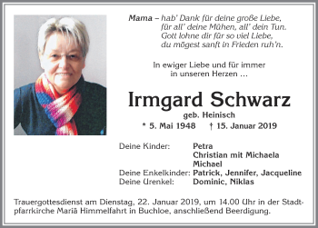 Traueranzeige von Irmgard Schwarz von Allgäuer Zeitung, Kaufbeuren/Buchloe