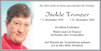 Traueranzeige von Isolde Trunzer von Allgäuer Zeitung, Füssen