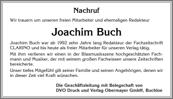 Traueranzeige von Joachim Buch von Allgäuer Zeitung, Kaufbeuren/Buchloe