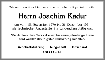 Traueranzeige von Joachim Kadur von Allgäuer Zeitung, Marktoberdorf