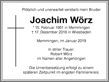 Traueranzeige von Joachim Wörz von Memminger Zeitung