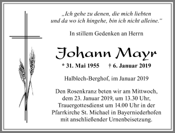 Traueranzeige von Johann Mayr von Allgäuer Zeitung, Füssen