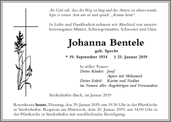 Traueranzeige von Johanna Bentele von Der Westallgäuer