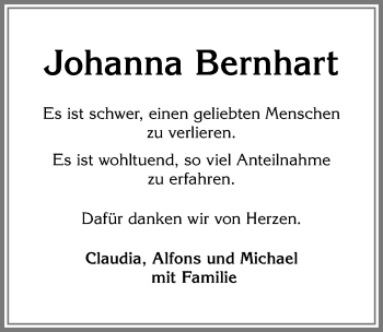 Traueranzeige von Johanna Bernhart von Allgäuer Zeitung,Kempten