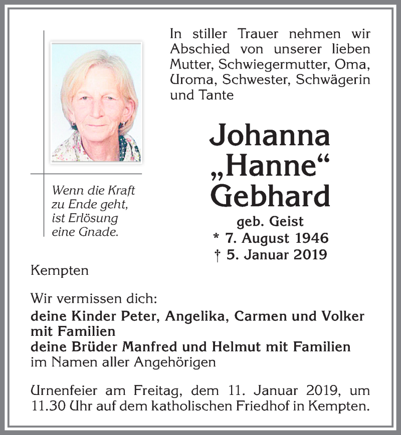  Traueranzeige für Johanna Gebhard vom 09.01.2019 aus Allgäuer Zeitung