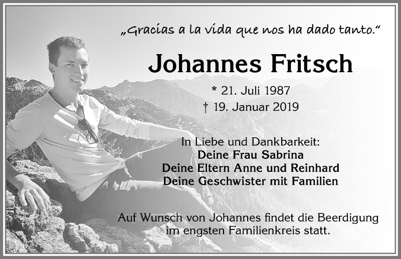  Traueranzeige für Johannes Fritsch vom 26.01.2019 aus Allgäuer Zeitung, Kaufbeuren/Buchloe