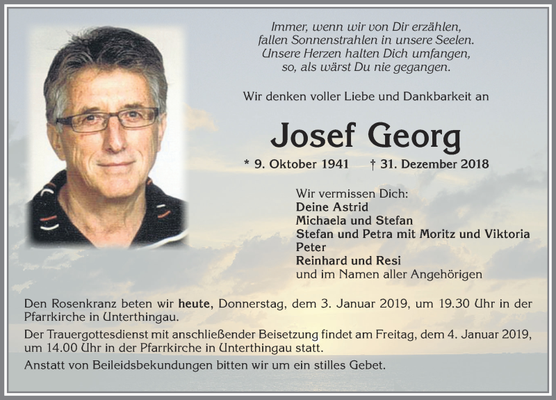  Traueranzeige für Josef Georg vom 03.01.2019 aus Allgäuer Zeitung, Marktoberdorf