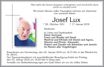 Traueranzeige von Josef Lux von Allgäuer Zeitung, Füssen