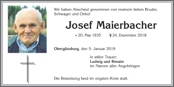 Traueranzeige von Josef Maierbacher von Allgäuer Zeitung, Marktoberdorf