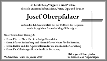 Traueranzeige von Josef Oberpfalzer von Allgäuer Zeitung,Kempten