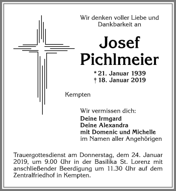 Traueranzeige von Josef Pichlmeier von Allgäuer Zeitung,Kempten
