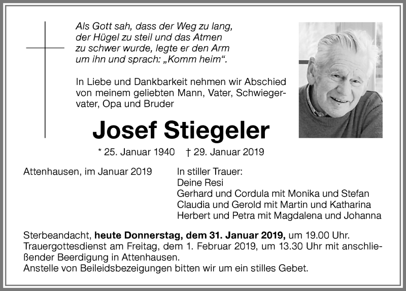  Traueranzeige für Josef Stiegeler vom 31.01.2019 aus Memminger Zeitung