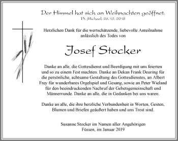 Traueranzeige von Josef Stocker von Allgäuer Zeitung, Füssen