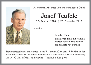 Traueranzeige von Josef Teufele von Allgäuer Zeitung,Kempten