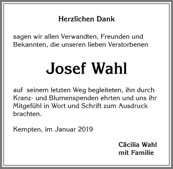 Traueranzeige von Josef Wahl von Allgäuer Zeitung,Kempten