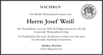 Traueranzeige von Josef Weiß von Der Westallgäuer