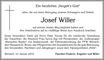 Traueranzeige von Josef Willer von Allgäuer Zeitung,Kempten