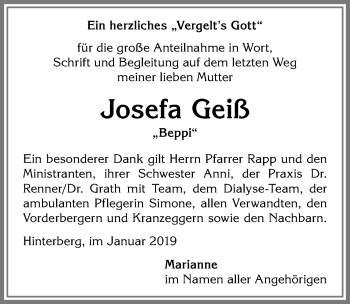 Traueranzeige von Josefa Geiß von Allgäuer Anzeigeblatt