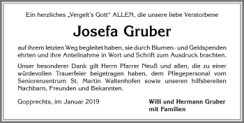 Traueranzeige von Josefa Gruber von Allgäuer Zeitung