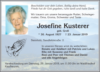 Traueranzeige von Josefine Kusterer von Allgäuer Zeitung