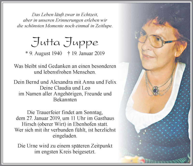  Traueranzeige für Jutta Juppe vom 24.01.2019 aus Allgäuer Zeitung, Marktoberdorf