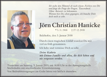 Traueranzeige von Jörn Christian Hanicke von Der Westallgäuer