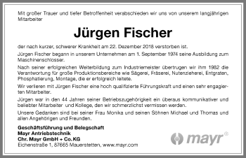 Traueranzeige von Jürgen Fischer von Allgäuer Zeitung, Kaufbeuren/Buchloe
