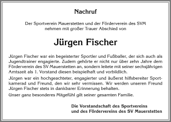 Traueranzeige von Jürgen Fischer von Allgäuer Zeitung, Kaufbeuren/Buchloe