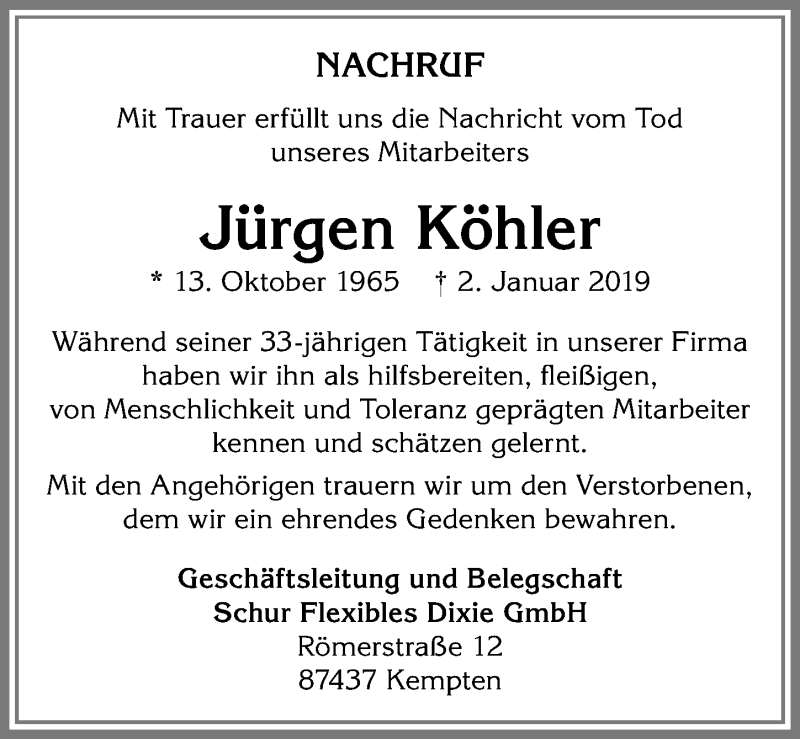  Traueranzeige für Jürgen Köhler vom 19.01.2019 aus Allgäuer Zeitung,Kempten