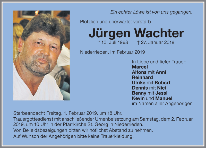  Traueranzeige für Jürgen Wachter vom 31.01.2019 aus Memminger Zeitung