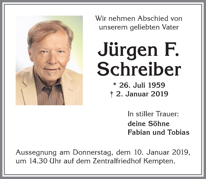  Traueranzeige für Jürgen F. Schreiber vom 08.01.2019 aus Allgäuer Zeitung,Kempten