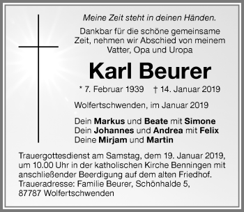 Traueranzeige von Karl Beurer von Memminger Zeitung