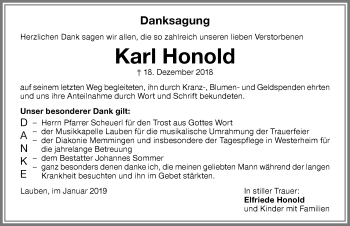 Traueranzeige von Karl Honold von Memminger Zeitung