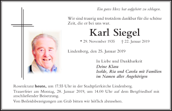 Traueranzeige von Karl Siegel von Der Westallgäuer