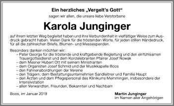 Traueranzeige von Karola Junginger von Memminger Zeitung
