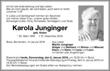 Traueranzeige von Karola Junginger von Memminger Zeitung