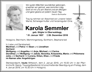Traueranzeige von Karola Remmler von Memminger Zeitung