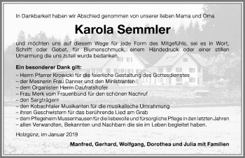 Traueranzeige von Karola Semmler von Memminger Zeitung