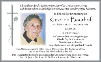 Traueranzeige von Karolina Bayrhof von Allgäuer Zeitung, Füssen