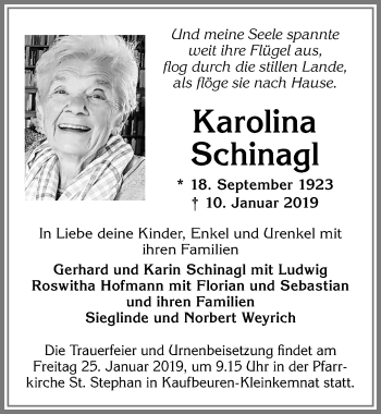 Traueranzeige von Karolina Schinagl von Allgäuer Zeitung, Kaufbeuren/Buchloe