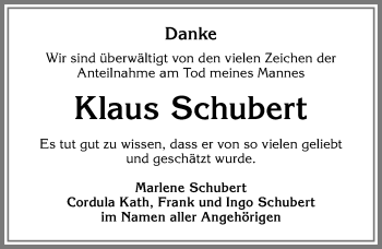 Traueranzeige von Klaus Schubert von Allgäuer Zeitung,Kempten