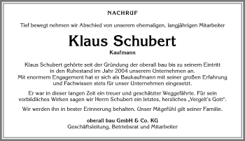 Traueranzeige von Klaus Schubert von Allgäuer Zeitung,Kempten