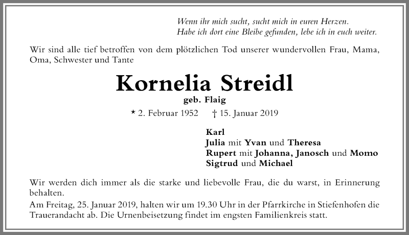  Traueranzeige für Kornelia Streidl vom 23.01.2019 aus Der Westallgäuer